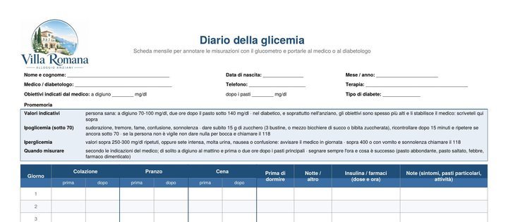 Anteprima della scheda «Diario della glicemia»
